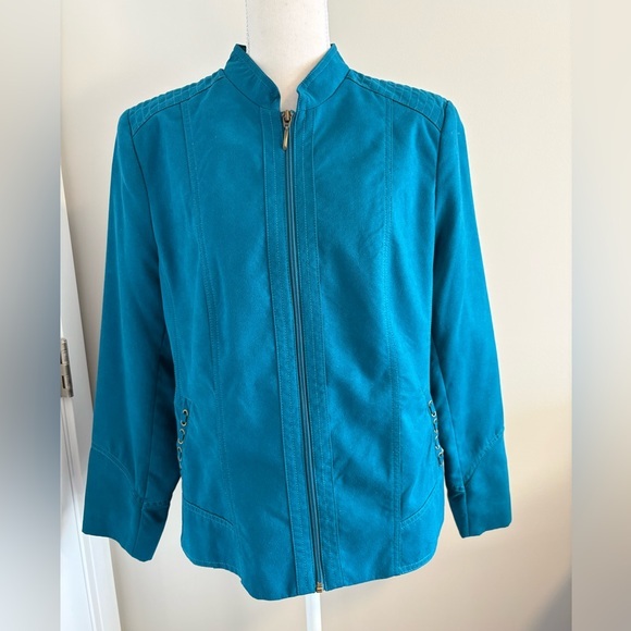 TanJay Jackets & Blazers - TanJay Women’s Teal Faux-Suede Zip Front Jacket Size 14 Petite